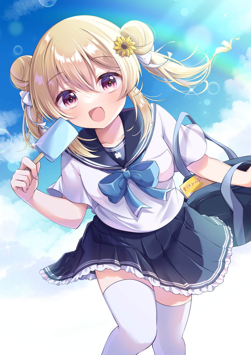 168_azusa, 1girl, absurdres, blonde_hair, blue_bow, bow, double_bun, flower