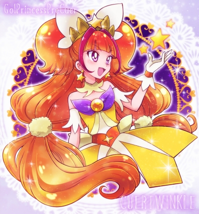 1girl, :d, amanogawa_kirara, bare_shoulders, brown_hair, character_name, choker, cure_twinkle