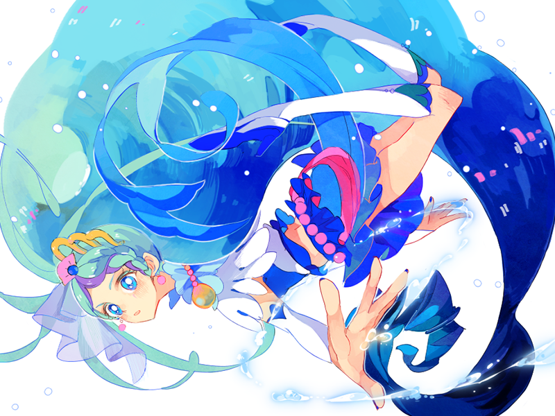 1girl, blue_eyes, blue_hair, blue_skirt, boots, crop_top, cure_mermaid, earrings