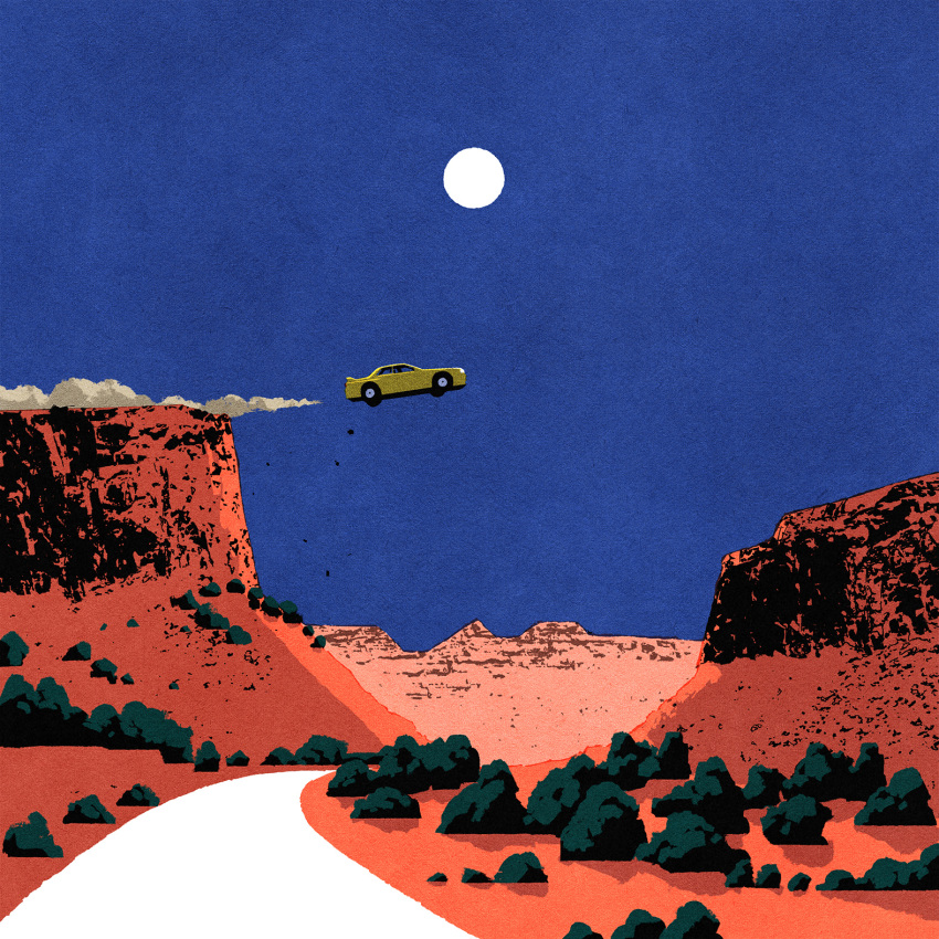 car, desert, dust, full_moon, highres, iida_kento, moon, motor_vehicle