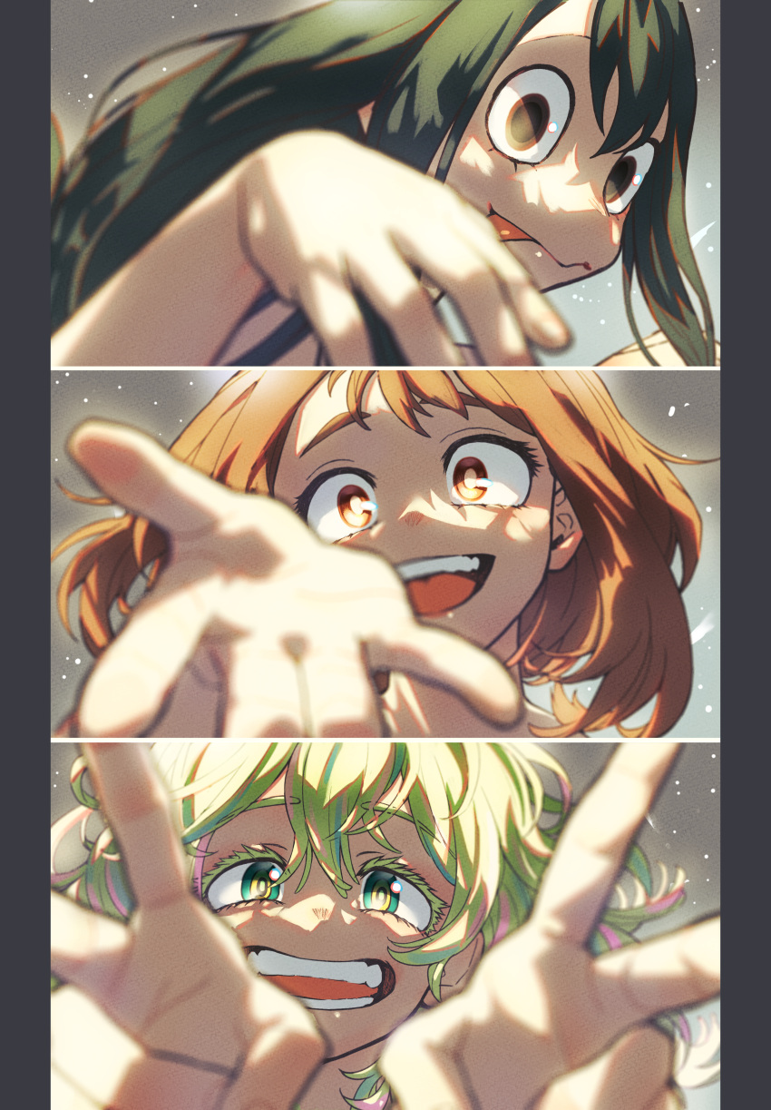 3girls, :d, absurdres, asui_tsuyu, black_eyes, boku_no_hero_academia, brown_eyes, brown_hair