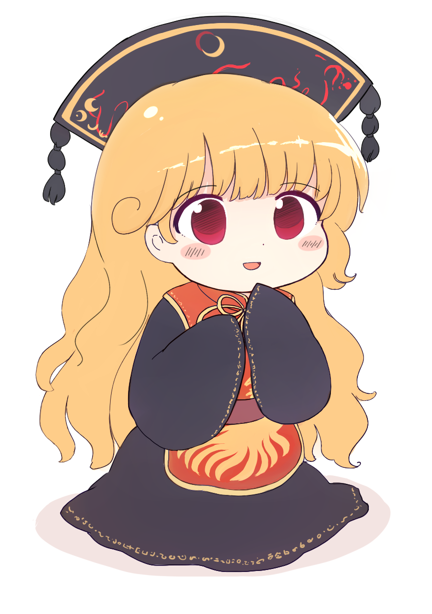 1girl, animal_print, belt, bird_print, black_dress, black_headwear, blonde_hair, blush, chibi, chinese_clothes, crescent, crescent_print, dress, full_body, hair_between_eyes, hands_up, hat, highres, junko_(touhou), long_hair, long_sleeves, looking_to_the_side, mandarin_collar, neck_ribbon, open_mouth, phoenix_crown, phoenix_print, pink_eyes, pom_pom_(clothes), purple_belt, red_tabard, rei_(tonbo0430), ribbon, shadow, simple_background, smile, solo, standing, tabard, tassel, tongue, touhou, wavy_hair, white_background, wide_sleeves, yellow_ribbon