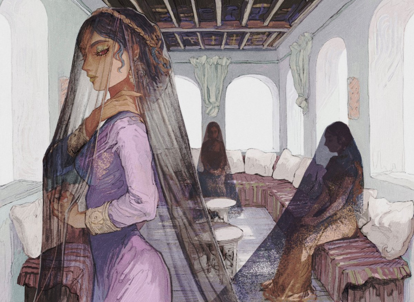 3girls, amazigh_clothes, black_hair, brown_eyes, ceiling, closed_eyes, closed_mouth, dress