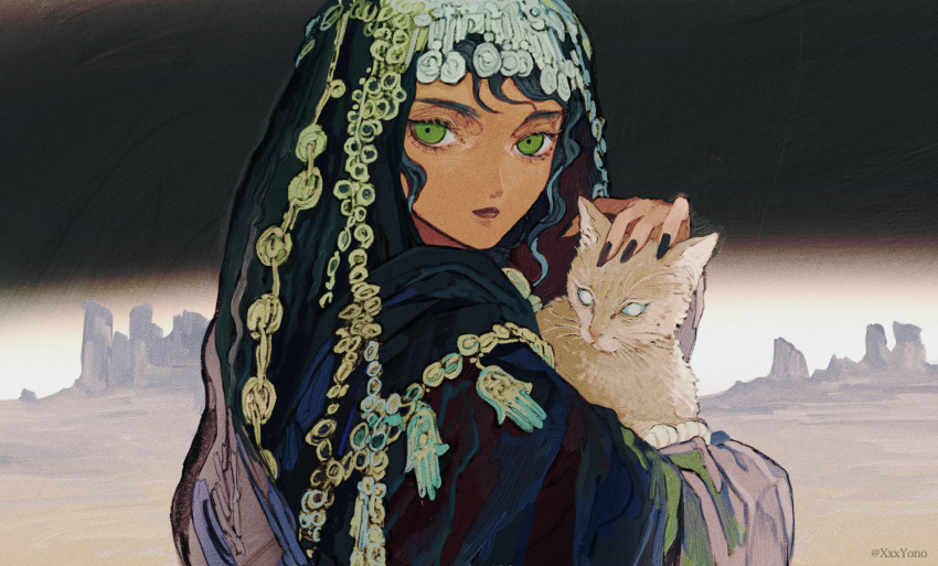 1girl, amazigh_clothes, animal, artist_name, black_hair, black_nails, cat, closed_mouth