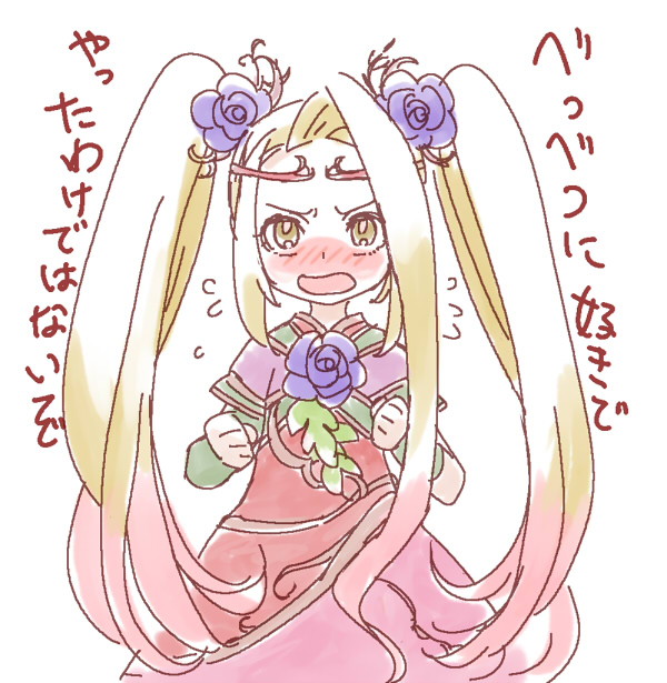 1girl, alternate_hairstyle, annoyed, blonde_hair, blush, clenched_hands, dress, flower