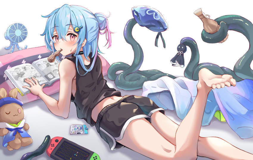 1boy, 1other, absurdres, alternate_costume, alternate_hairstyle, arknights, bare_legs, barefoot