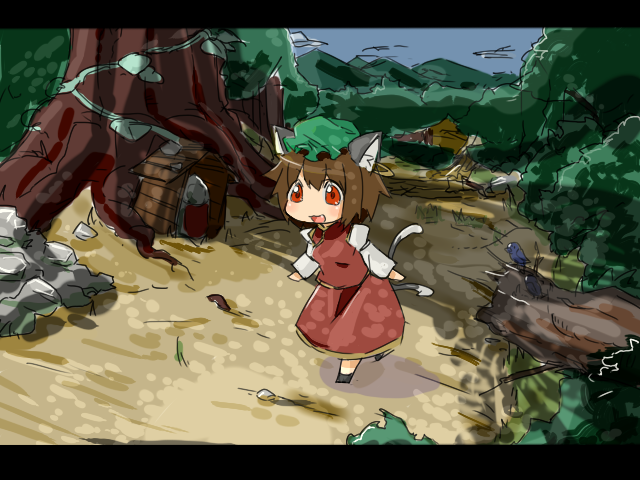 brown_hair, cat_ears, cat_tail, chen, hat, mori_shin_risuku, multiple_tails, red_eyes