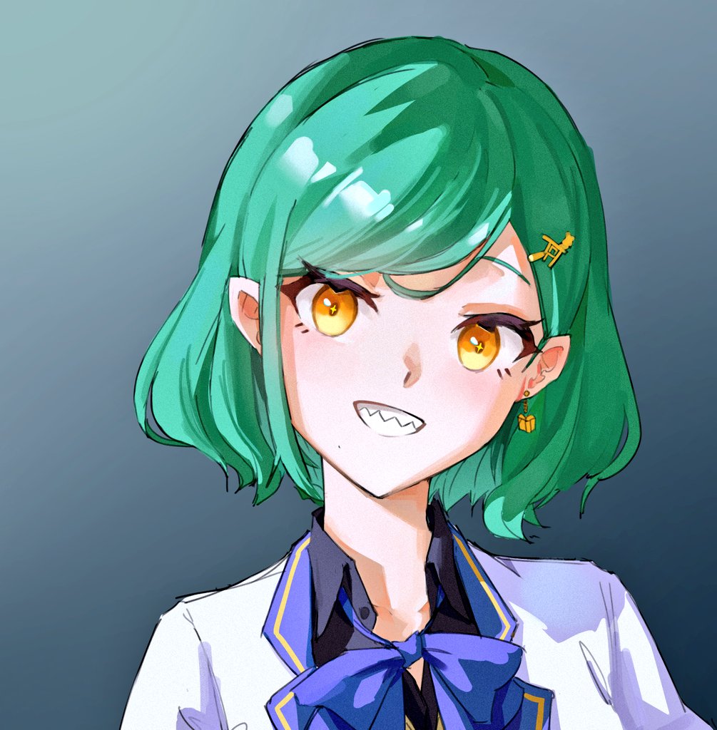 1girl, bow, bowtie, collared_shirt, earrings, green_hair, grin, hair_ornament