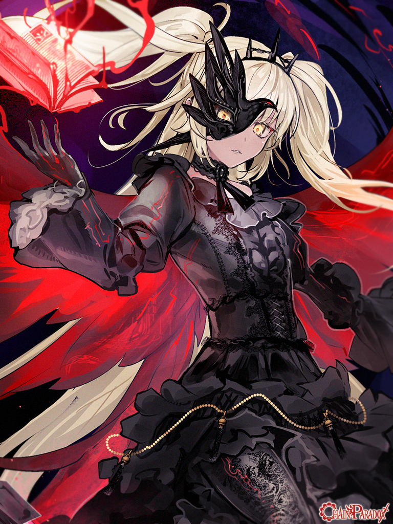 1girl, alexandra_lieven, black_dress, black_gloves, black_headwear, blonde_hair, book, chain_paradox