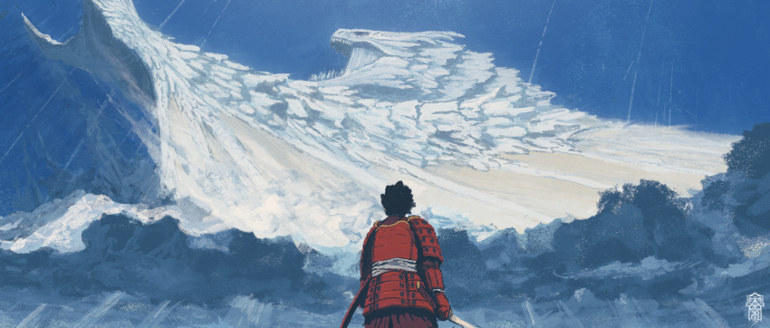 1boy, armor, black_hair, blue_sky, day, dragon, fantasy, from_behind