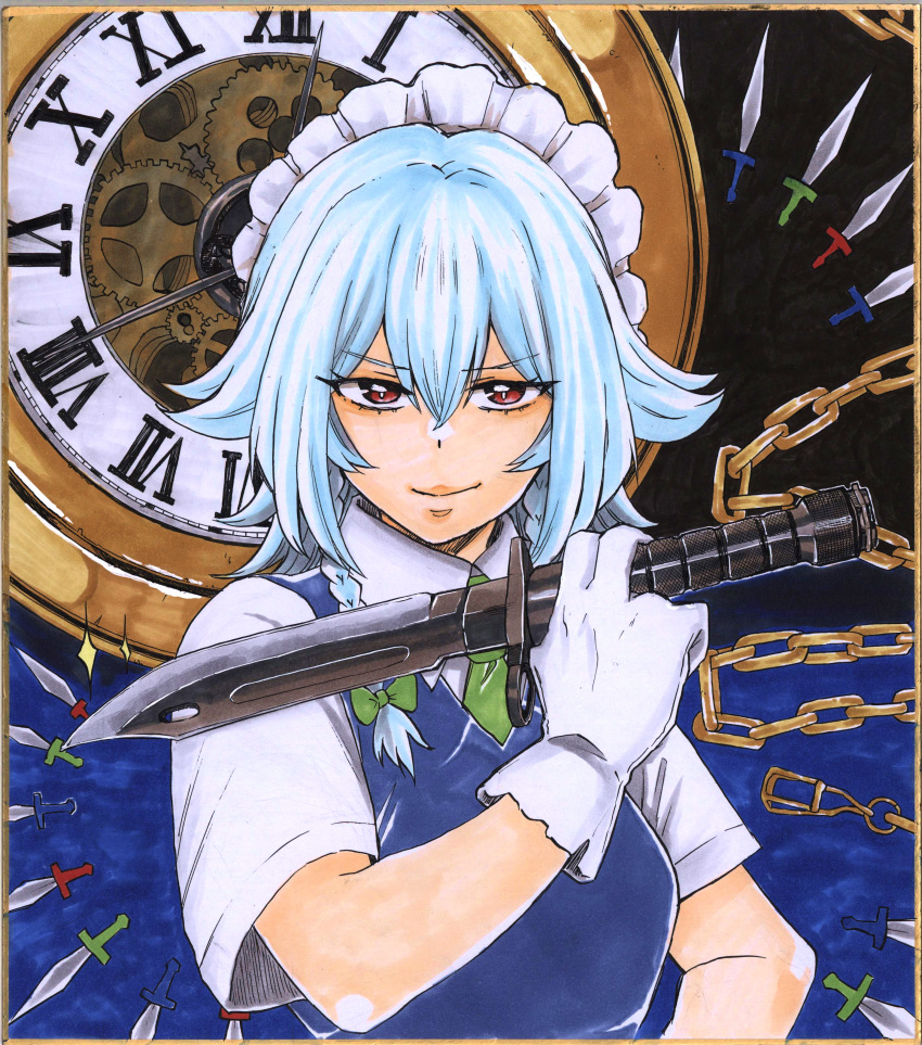 1girl, absurdres, blue_hair, blue_vest, bow, breasts, chain, closed_mouth