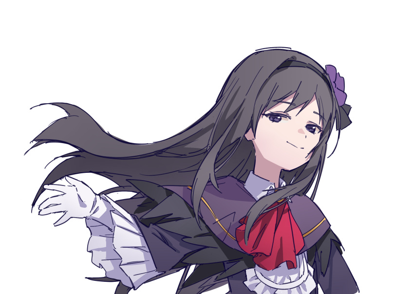 1girl, akemi_homura, ascot, black_eyes, black_hair, black_shirt, capelet, closed_mouth