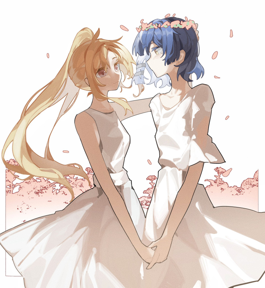 2girls, ahoge, blonde_hair, blue_hair, bocchi_the_rock!, dress, flower_wreath, haobuguniao