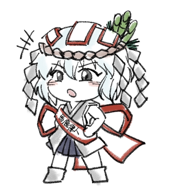 +++, 1other, androgynous, back_bow, bamboo_hair_ornament, blue_skirt, blush_stickers, bow