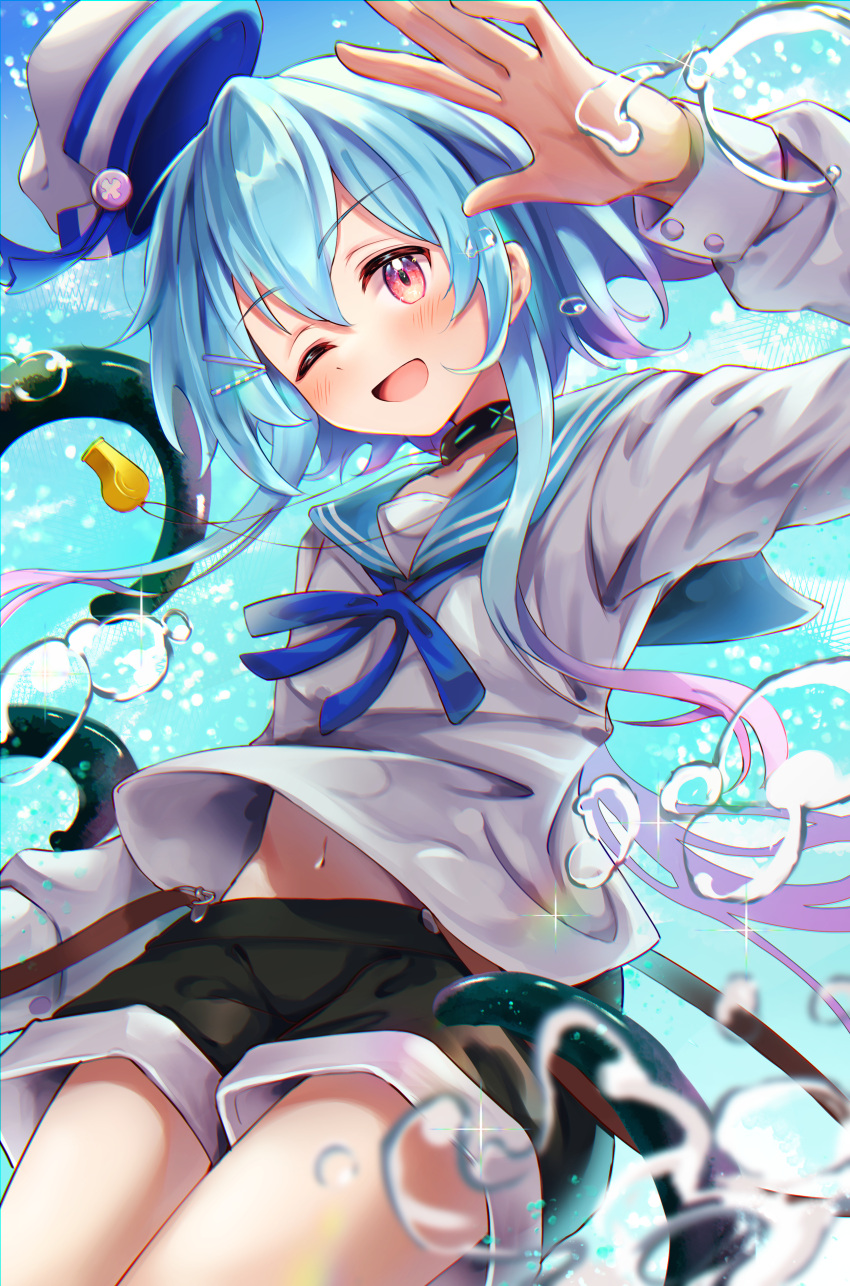 1boy, absurdres, alternate_costume, arknights, black_shorts, blue_hair, blue_neckerchief, blue_sailor_collar