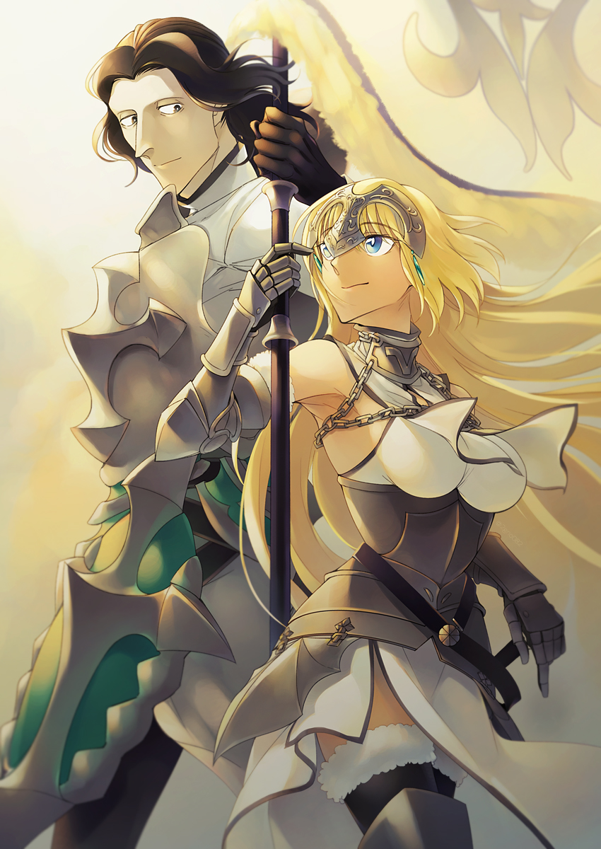 1boy, 1girl, 2gno082, armor, armored_dress, banner, battle_standard, black_hair