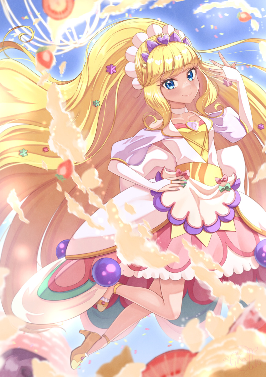1girl, absurdres, akajiyuuki, blonde_hair, blue_eyes, blunt_bangs, blush, bow, bridal_gauntlets, brooch, choker, cure_finale, delicious_party_precure, dress, food, fruit, gloves, hair_ornament, heart, heart_brooch, high_heels, highres, jewelry, kasai_amane, long_hair, looking_at_viewer, magical_girl, open_mouth, parfait, precure, smile, solo, tiara, very_long_hair, white_choker, white_gloves, wide_ponytail