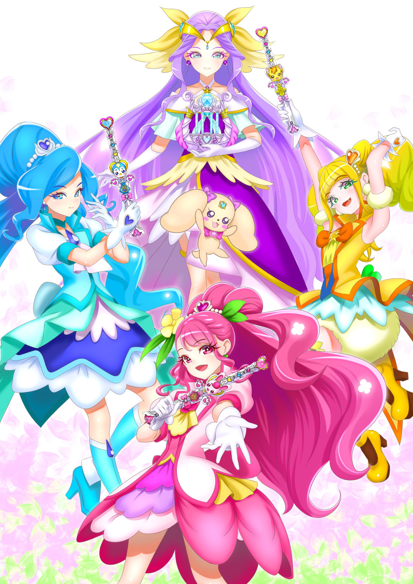 4girls, :d, absurdres, aqua_skirt, armpits, asymmetrical_bangs, blonde_hair, blue_choker