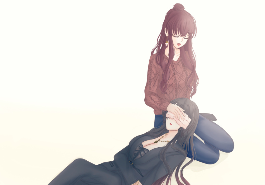 2girls, amano_airi, belt, black_belt, black_hair, black_jacket, black_pants, black_shirt