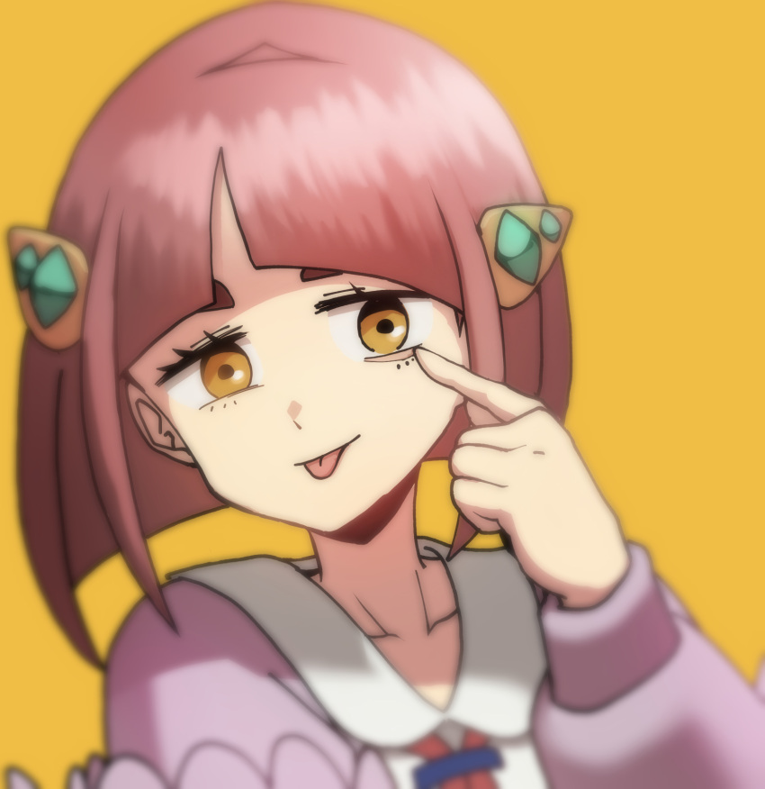 1girl, arched_bangs, blurry, cardigan, closed_mouth, collared_shirt, commentary_request, eyelashes
