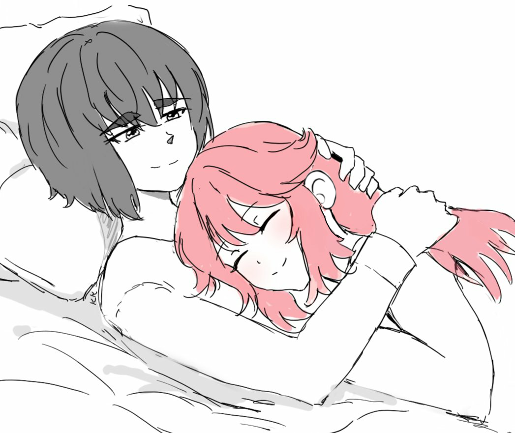artist_name, black_hair, blush, bob_cut, cuddling, height_difference, jakuzure_nonon, karinakamichi