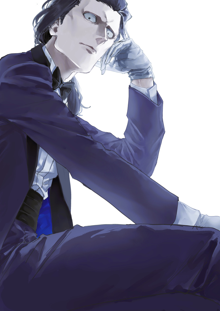 1boy, absurdres, alternate_costume, black_bow, black_bowtie, black_hair, bow, bowtie, expressionless, fate/grand_order, fate_(series), feet_out_of_frame, from_below, gilles_de_rais_(saber)_(fate), gloves, highres, looking_at_viewer, male_focus, pedal15aj, short_hair, sitting, solo, suit, white_gloves
