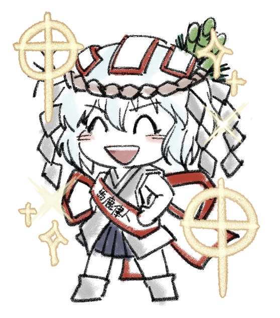 1other, ^_^, androgynous, back_bow, bamboo_hair_ornament, blue_skirt, blush_stickers, bow