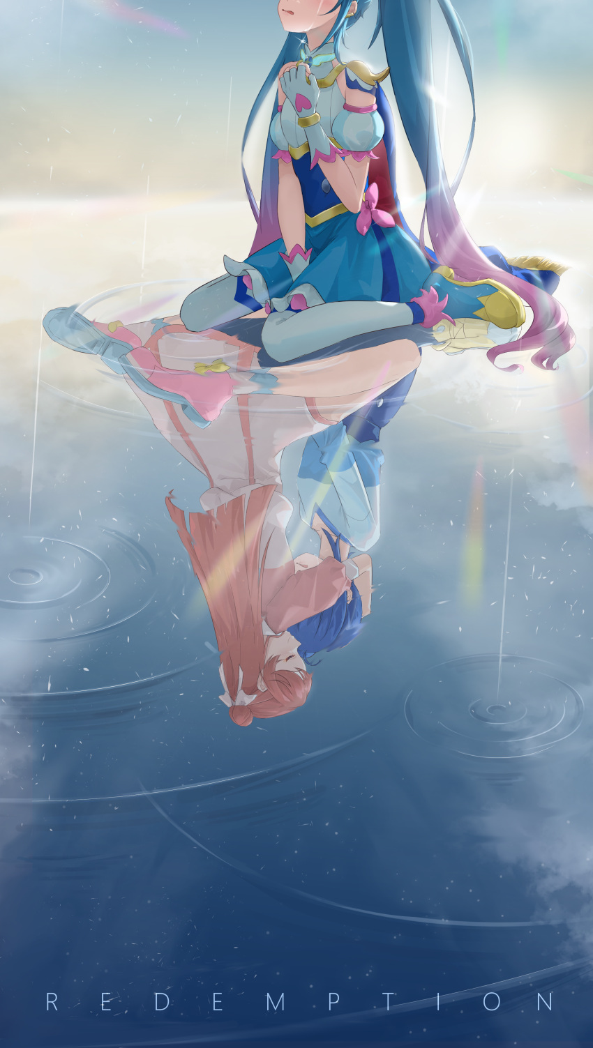 2girls, absurdres, ankle_boots, ayesha618, between_legs, blue_cape, blue_dress, blue_footwear