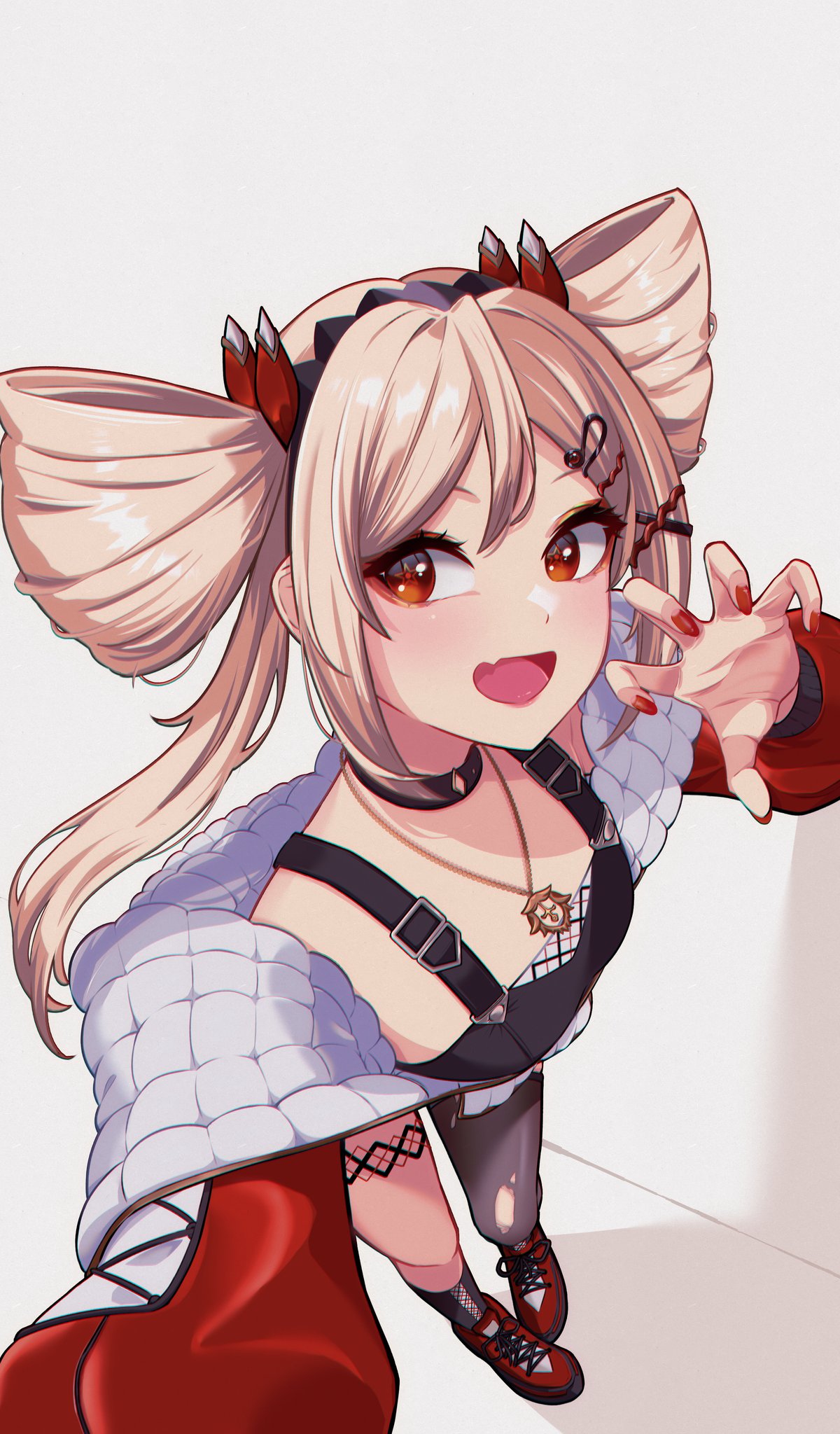 1girl, asymmetrical_legwear, black_choker, blonde_hair, character_request, choker, claw_pose, copyright_request, eyeshadow, fang, highres, jewelry, kiwinian, long_hair, looking_at_viewer, makeup, multiple_hairpins, necklace, off_shoulder, open_mouth, red_nails, selfie, skin_fang, solo, standing, tagme