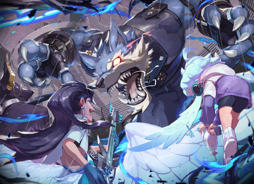 absurdres, black_vest, blue_fire, blue_fur, blue_hair, claws, dislyte, fingerless_gloves, fire, freddy_(fenrir)_(dislyte), gloves, guitar, gun, highres, instrument, itohiro, laser, red_eyes, saliva, sharp_teeth, smoke, teeth, vest, weapon, white_fur, wings