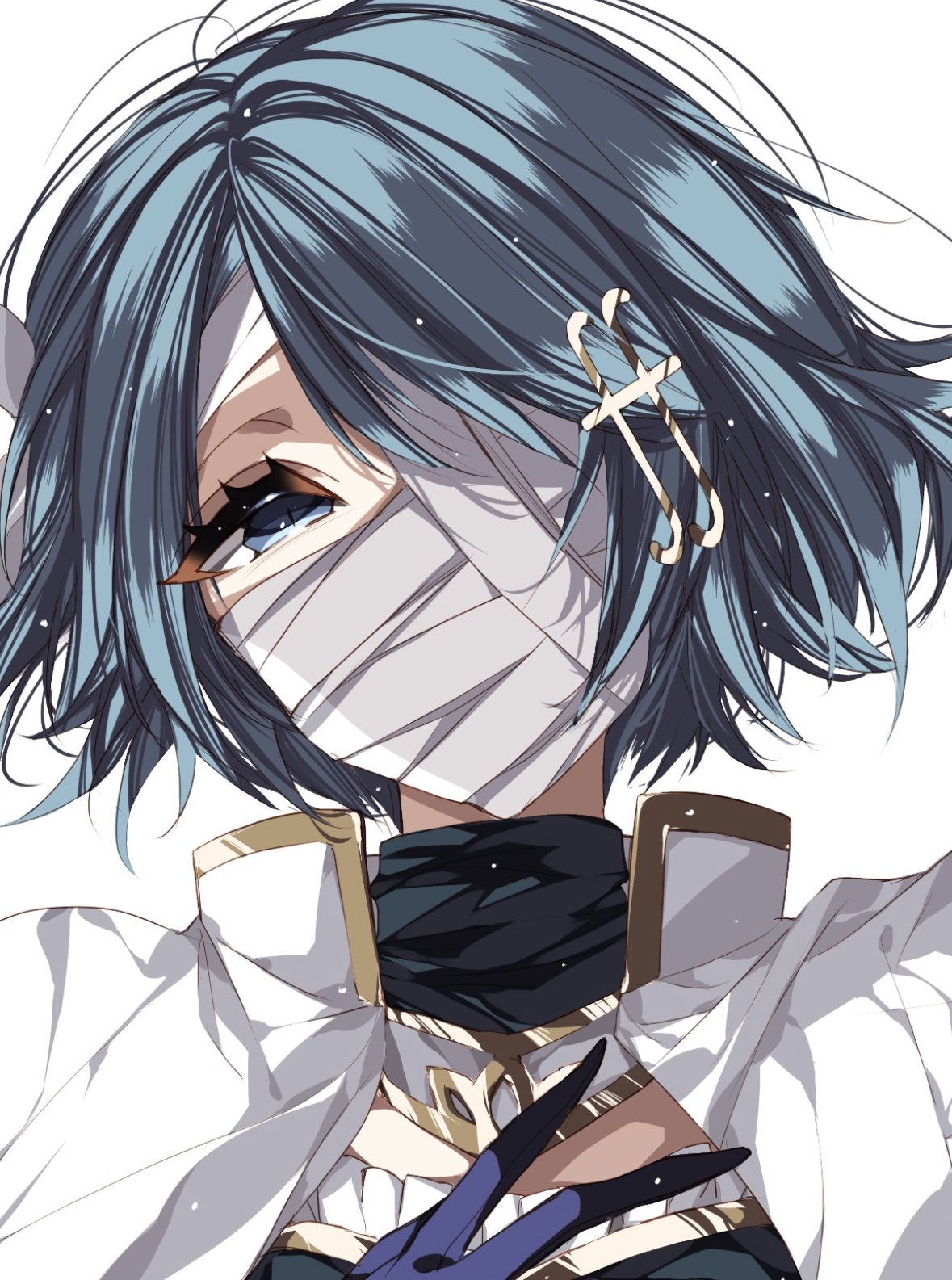 1girl, bandaged_face, blue_eyes, blue_gloves, blue_hair, cape, gloves, hair_between_eyes