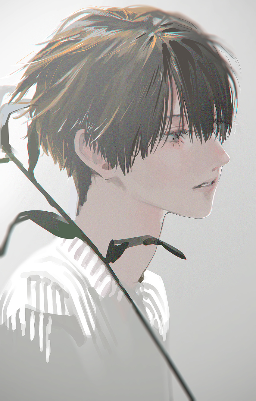 1boy, bishounen, black_hair, flower, from_side, grey_background, grey_eyes, highres