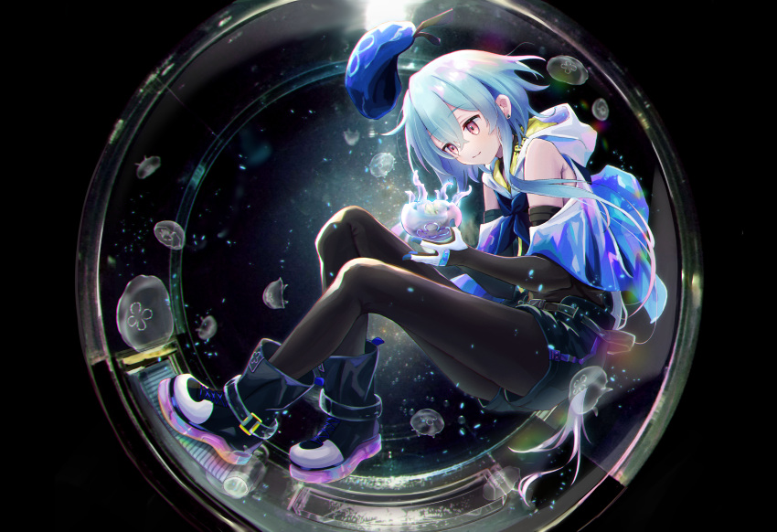 1boy, absurdres, animal, ankle_boots, arknights, bare_shoulders, beret, black_background