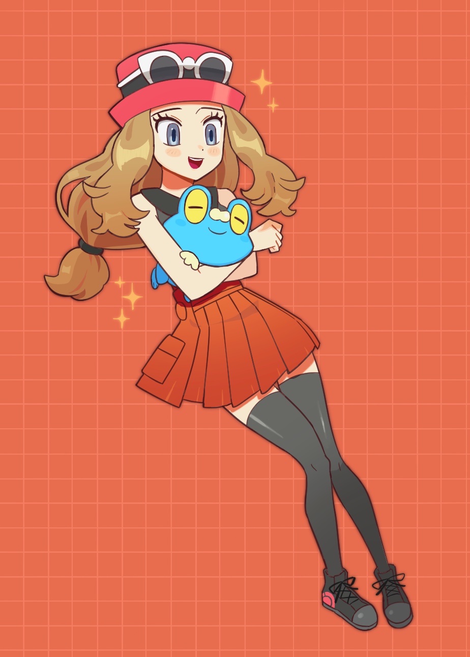 1girl, :d, blonde_hair, blush, chirosamu, commentary_request, eyelashes, eyewear_on_headwear