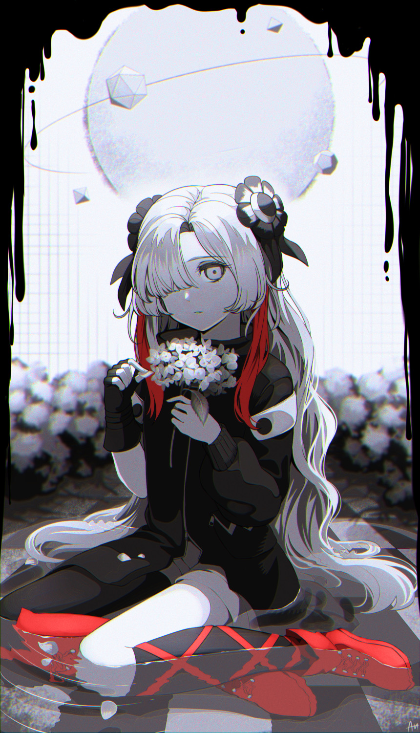 1girl, asymmetrical_footwear, asymmetrical_legwear, asymmetrical_sleeves, black_coat, black_flower, black_gloves, boots