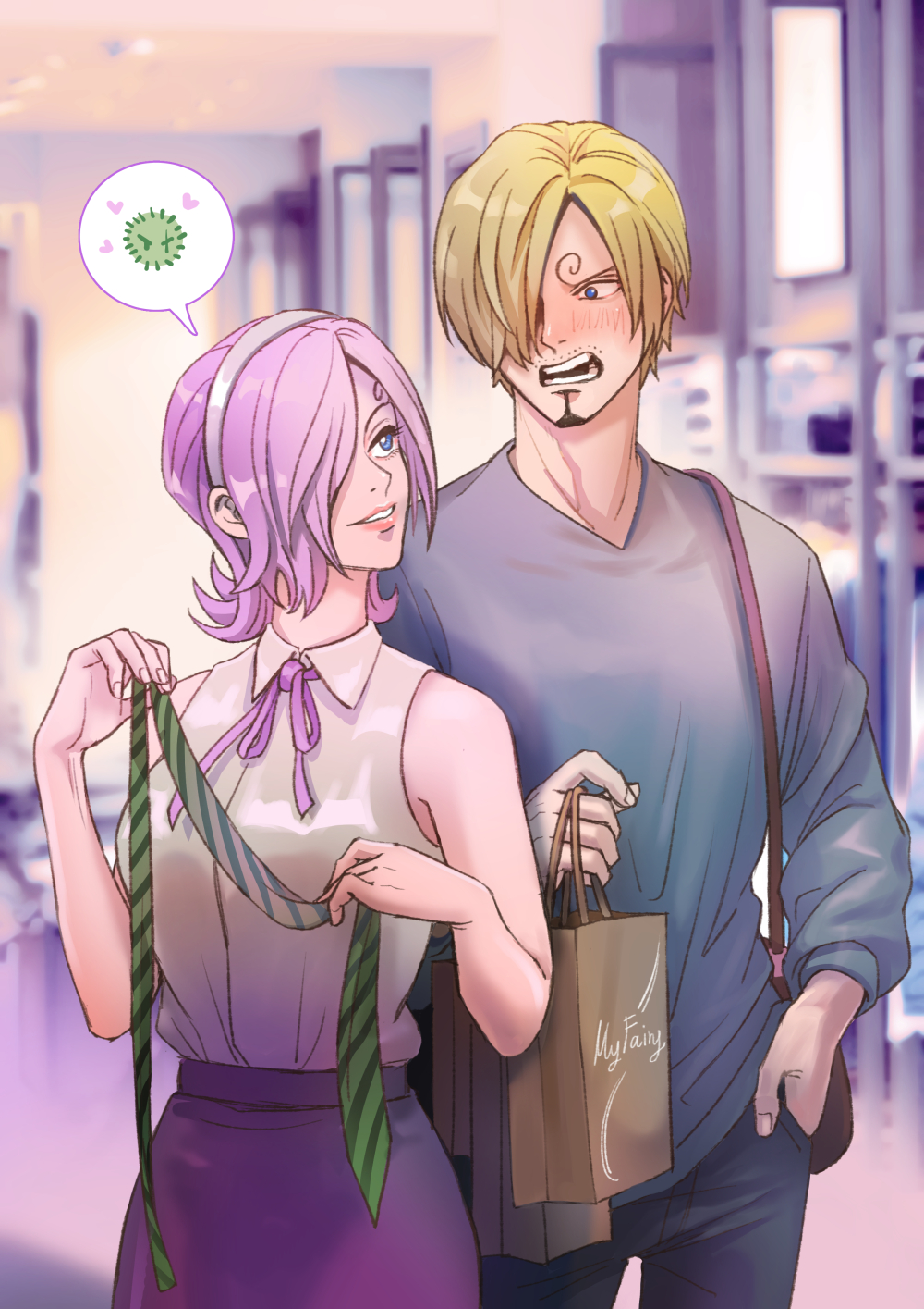 1boy, 1girl, alternate_costume, artist_name, bag, bare_shoulders, blonde_hair, blue_eyes
