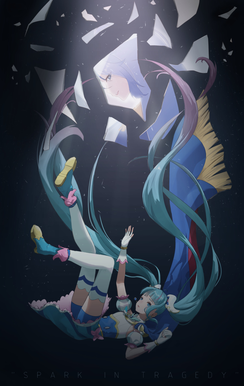 1girl, absurdres, ayesha618, bike_shorts, black_background, blue_cape, blue_dress, blue_eyes
