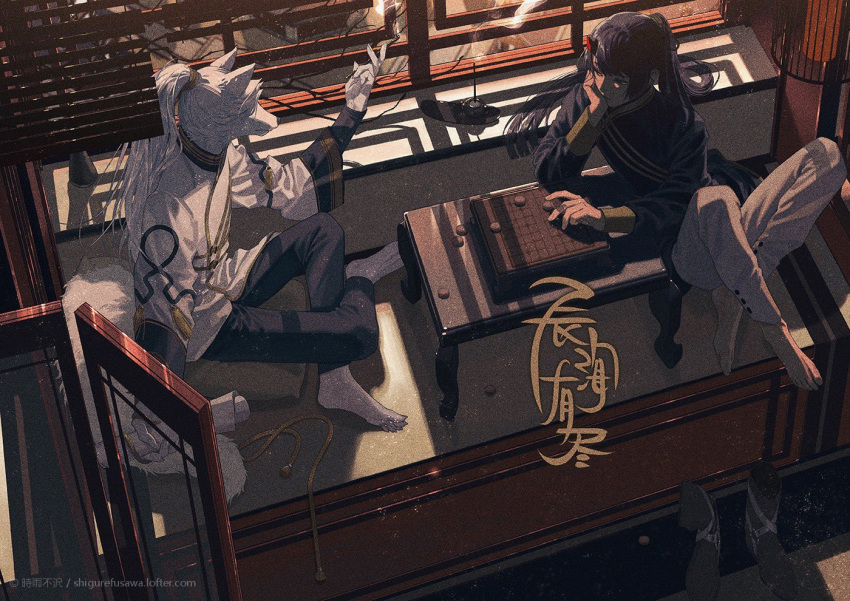 2boys, animal_ears, architecture, artist_name, barefoot, bishounen, black_hair, black_horns