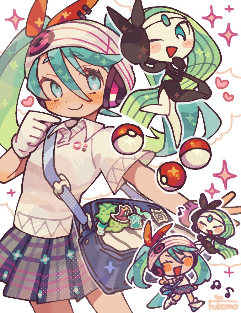 1girl, aqua_hair, bag, bag_charm, beanie, blue_eyes, blush, blush_stickers, bow, charm_(object), chibi, chibi_inset, forehead_jewel, fukomo, gloves, green_hair, hair_bow, hat, hatsune_miku, headphones, heart, long_hair, meloetta, meloetta_(aria), miniskirt, music, musical_note, one_eye_closed, open_mouth, piano_print, plaid, plaid_skirt, pleated_skirt, poke_ball, poke_ball_(basic), poke_ball_print, pokemon, pokemon_(creature), polo_shirt, project_voltage, red_bow, shirt, shoes, shoulder_bag, singing, single_glove, skirt, smartwatch, smile, sneakers, sparkle, twintails, unown, unown_m, vocaloid, watch, watch, white_gloves, white_shirt
