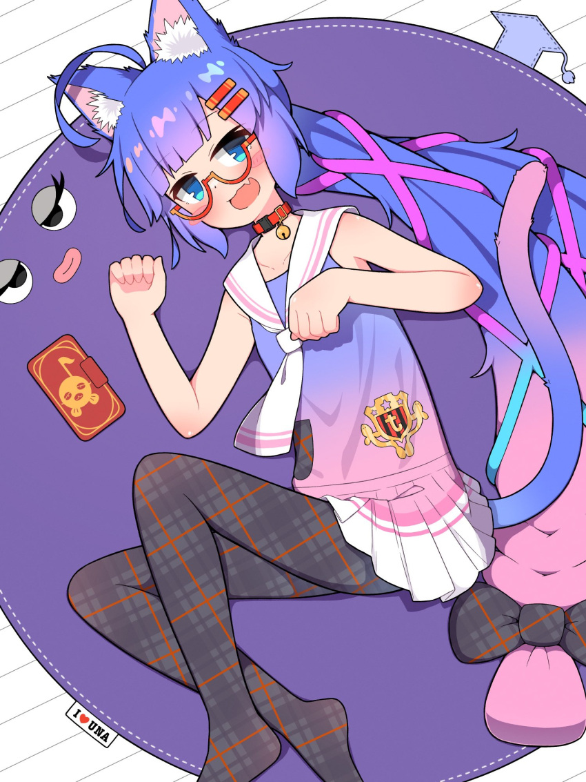 1girl, ahoge, animal_ear_fluff, animal_ears, bell, blue_eyes, blue_hair, blush_stickers, cat_ears, cat_girl, cat_tail, cellphone, collar, collarbone, fang, glasses, gradient_hair, gradient_shirt, gradient_tail, hair_ornament, hairclip, highres, long_hair, looking_at_viewer, mat, miriota, multicolored_hair, neck_bell, neckerchief, on_floor, open_mouth, otomachi_una, otomachi_una_(talkex), phone, pink_hair, plaid, plaid_legwear, pleated_skirt, red-framed_eyewear, red_collar, sailor_collar, sidelocks, skin_fang, skirt, smartphone, solo, tail, talkex, vocaloid, white_neckerchief