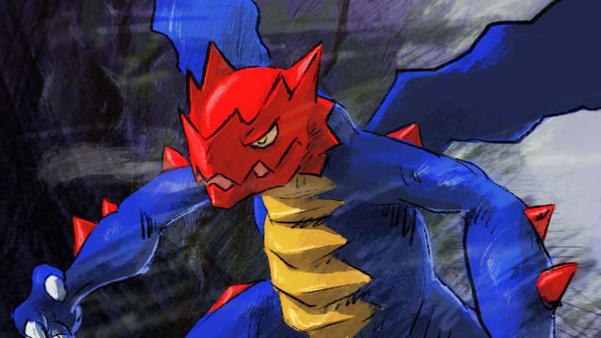 blue_skin, claws, colored_skin, commentary_request, dragon, dragon_wings, druddigon, gradient_background