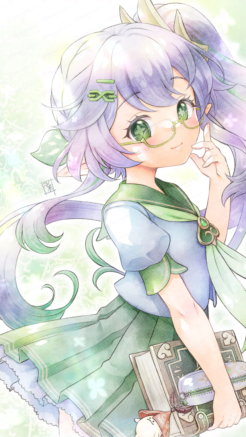 1girl, alternate_costume, aranara_(genshin_impact), bag_charm, bespectacled, book, charm_(object), commentary_request