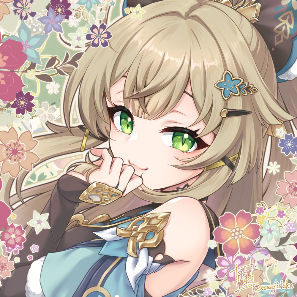 1girl, :3, animal_ears, bridal_gauntlets, brown_hair, cat_ears, cat_girl, commentary_request