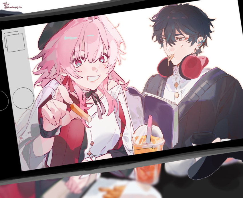 beret, black_hair, black_sweater, commentary, cup, dan_heng_(honkai:_star_rail), dan_heng_(kfc)_(honkai:_star_rail), drinking_straw