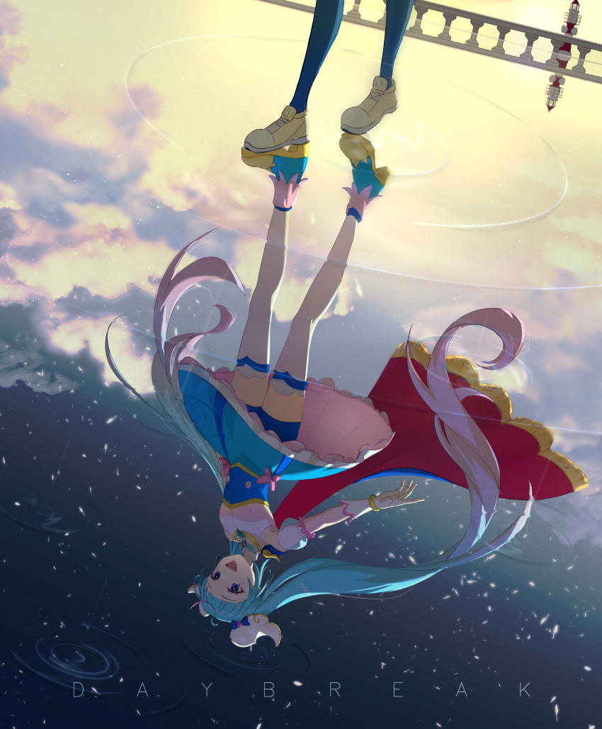 1girl, absurdres, ankle_boots, ayesha618, bike_shorts, blue_dress, blue_eyes, blue_footwear