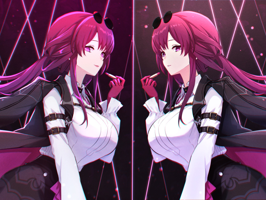 2girls, black_jacket, black_shorts, breasts, chest_harness, dual_persona, eyewear_on_head, gloves