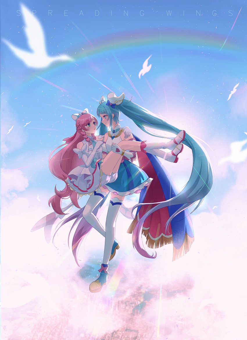 2girls, :o, above_clouds, absurdres, arm_around_neck, ascot, ayesha618, backlighting