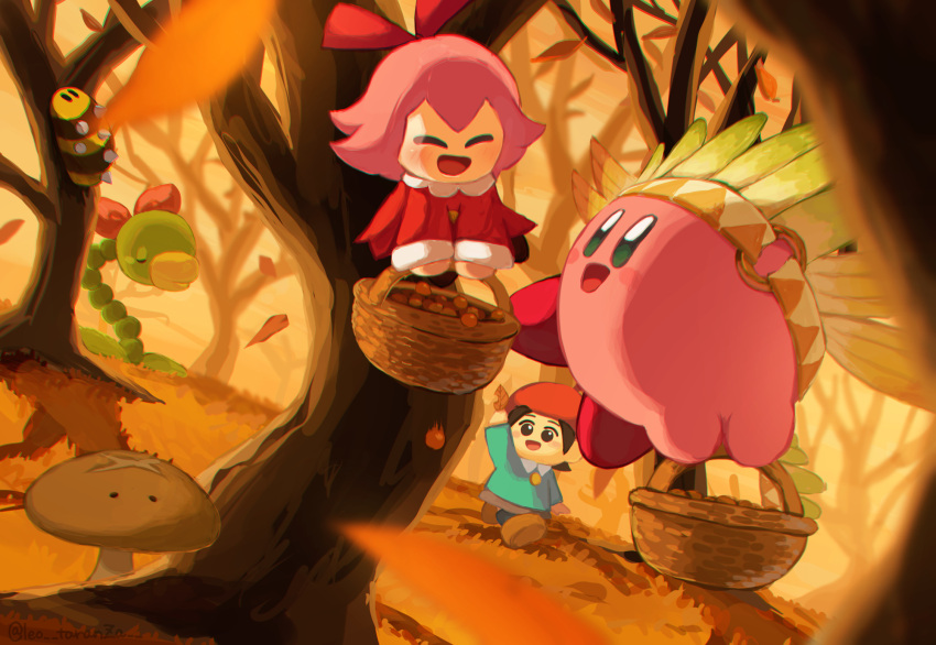 1boy, 2girls, adeleine, autumn, autumn_leaves, basket, black_hair, colored_skin