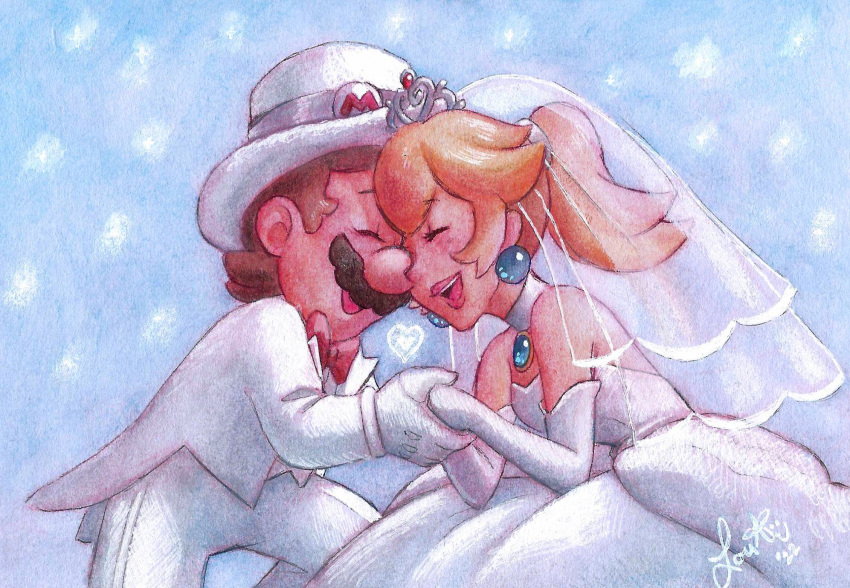 1boy, 1girl, blonde_hair, bow, bowtie, bridal_veil, bride, brooch, brown_hair, choker, closed_eyes, dress, earrings, elbow_gloves, facial_hair, from_side, gloves, hat, heart, hetero, highres, holding_hands, jacket, jewelry, mario, mario_(tuxedo), marriage, medium_hair, mustache, nintendokiddo64, official_alternate_costume, open_mouth, painting_(medium), pants, pendant_choker, ponytail, princess_peach, princess_peach_(wedding), red_bow, red_bowtie, short_hair, signature, sphere_earrings, super_mario_bros., super_mario_odyssey, teeth, tiara, top_hat, traditional_media, upper_teeth_only, veil, watercolor_(medium), watermark, wedding, wedding_dress, white_choker, white_gloves, white_headwear, white_jacket, white_pants
