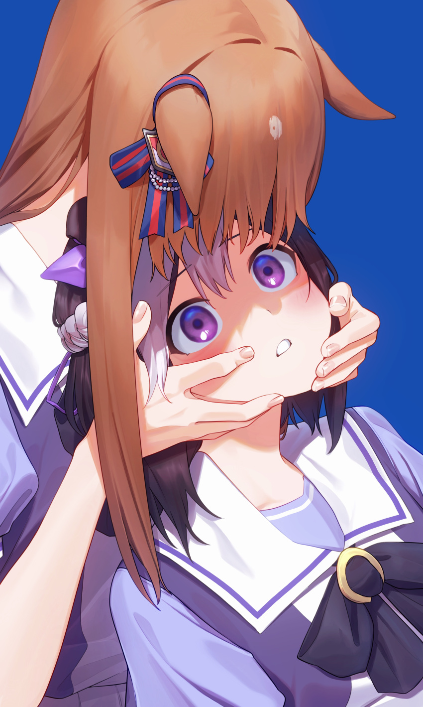 2girls, absurdres, animal_ears, blue_background, brown_hair, grass_wonder_(umamusume), highres, horse_ears